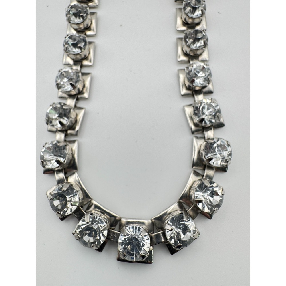 Vintage Tennis Necklace Silver Tone Geometric Square Setting Clear Rhinestone‎